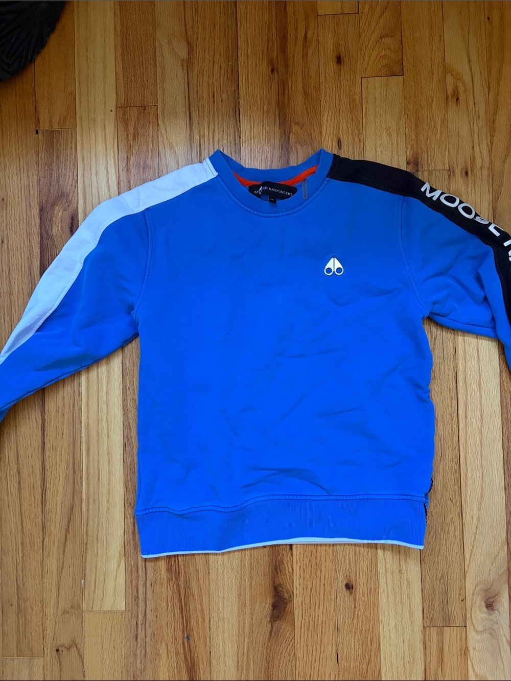 Moose Knuckles Royal Blue Crewneck with White and Black Sleeve Panels